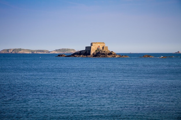 Fortified castel Fort du Petit Be beach and sea SaintMalo city Brittany France