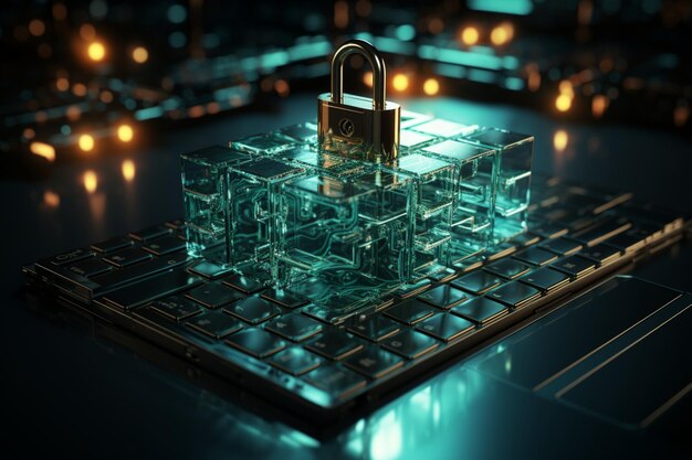 fortifying cybersecurity computer laptop shield and lock symbol emphasizing internet