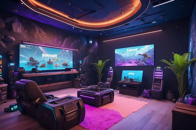 Мокеты интерьера игровой комнаты Fortnite Battle Royale Oasis с пустым пространством для копирования