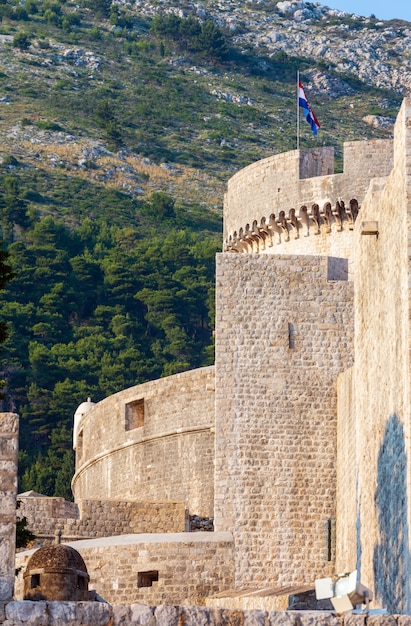 The fortress of Dubrovnik Old Town and the Minceta Tower with Croatian national flag