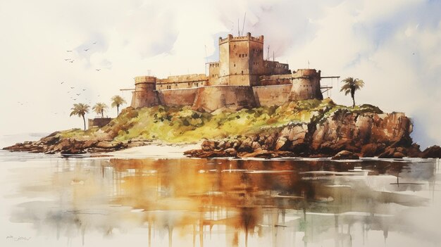 A fortress on the island watercolor painting