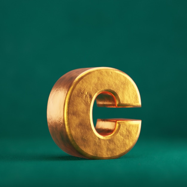 Fortuna Gold Letter C lowercase on Tidewater Green background. Trend color font type symbol. 3d render.