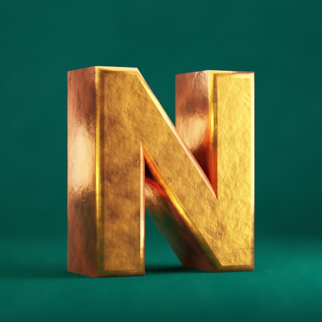 Fortuna Gold Letter N uppercase on Tidewater Green background. Trend color font type symbol. 3d render.