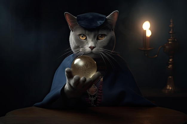 A fortune teller cat with a magic crystal ball Generative AI