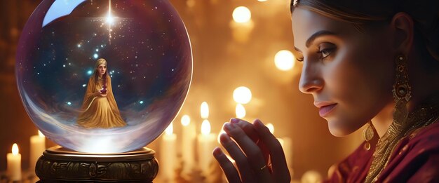 A fortune teller gazing into her crystal ball with an enigmatic expression