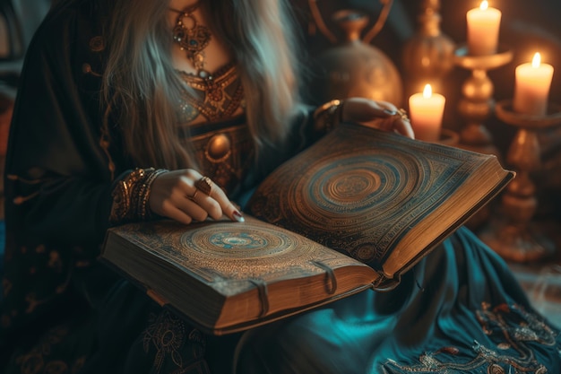 Foto la divinatrice che legge nel suo negozio.