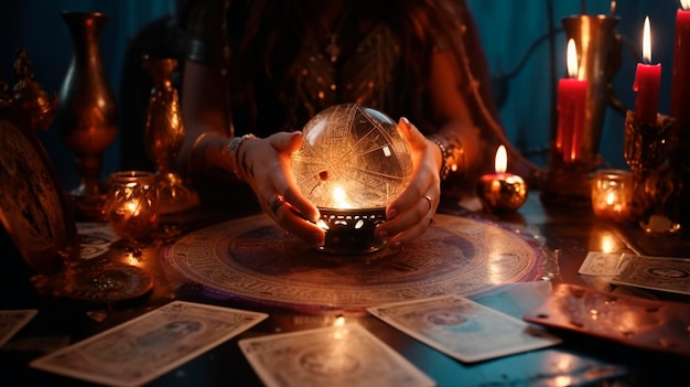 A fortune teller tells fortunes in a dark room Generative AI Old