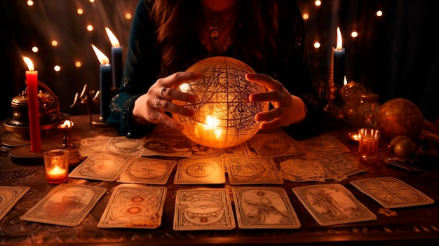 A fortune teller tells fortunes in a dark room Generative AI Old