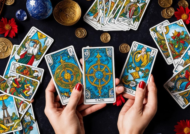 Fortune wheel card in fortune tellers hand tarot cards Premium AI Fortune wheel card in fortune tellers hand tarot cards Premium AI