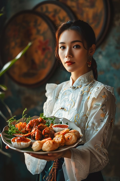 Photo fortunes bounty woman holds a basket of prosperous mandarin oranges