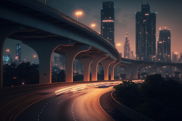 Forward moving curved flyover roadway with a view of the nighttime skyline of Bangkok apply the motion blur effect