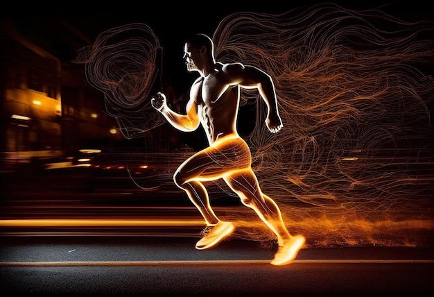 Forward running man at night and his dynamic movemen illustration AI generative