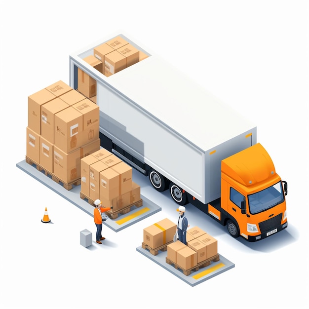 A forwarder loading boxes on to semitruck isometrics minimal vector flat