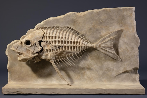 Fossilized fish skeleton in a limestone slab created with generative ai