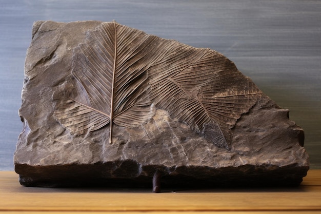 사진 석판에 화석화된 나뭇잎 각인