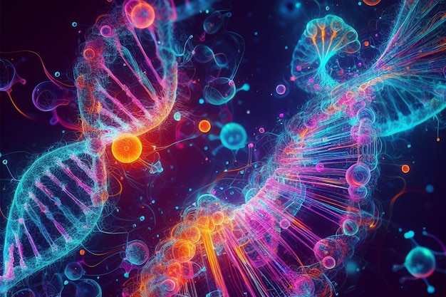 Foto 3d dna-achtergrond met gedetailleerde en stilistische weergaven