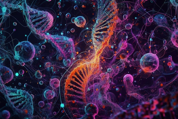 Foto foto 3d dna-achtergrond met gedetailleerde en stilistische weergaven