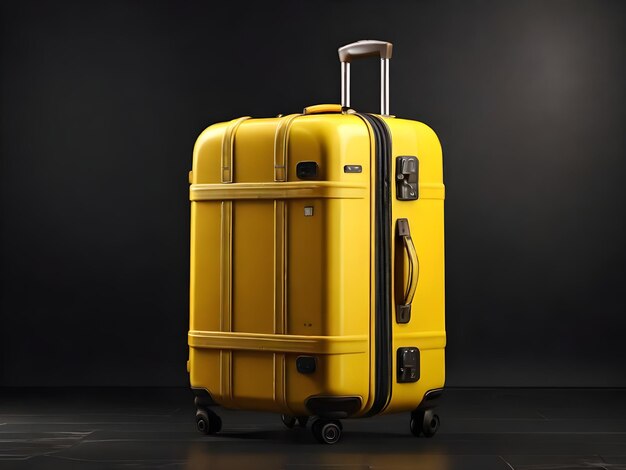 Foto foto 3d gele reiskoffer op donkere achtergrond