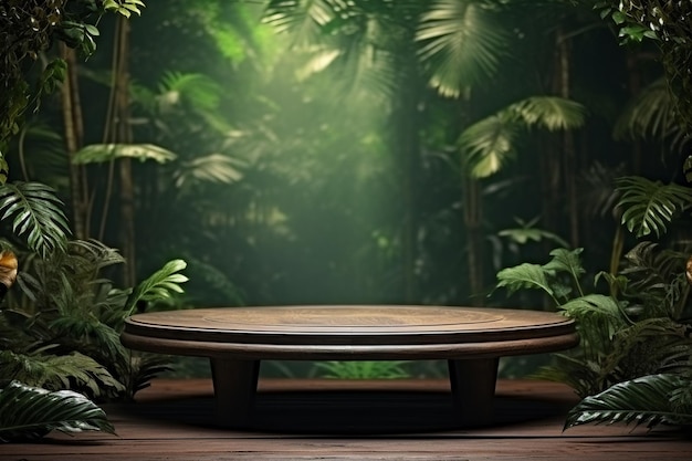 Foto 3d houten tafel met een tropische bos of tuin achtergrond voor productplaatsing