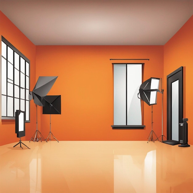 Foto foto 3d interieur van een studio kamer met oranje muren behang