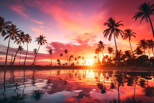 Foto 3d palmboomlandschap tegen een zonsondergang hemel gegenereerd door AI