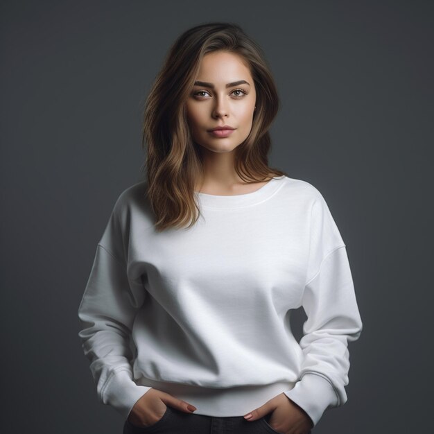 Foto aantrekkelijke vrouwen Model wit sweatshirt met grijze achtergrond