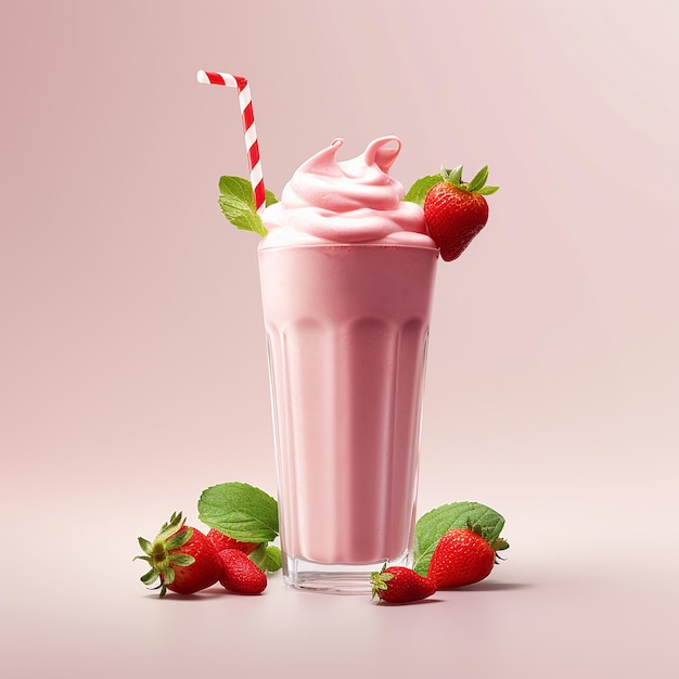 Foto aardbeien smoothie in een plastic beker op een heldere achtergrond kleurrijk dieet concept