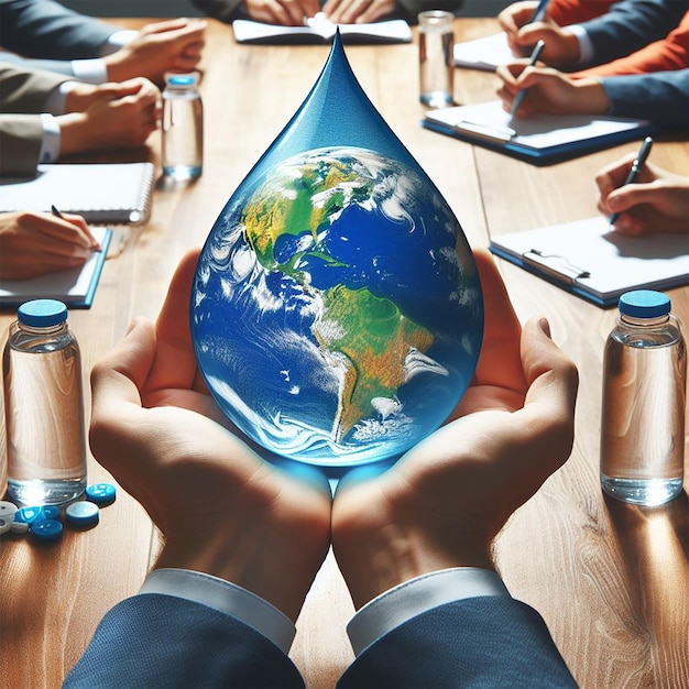 Foto aarde in de vorm van een druppel van twee handen un klimaatverandering conferentiewereld water dag
