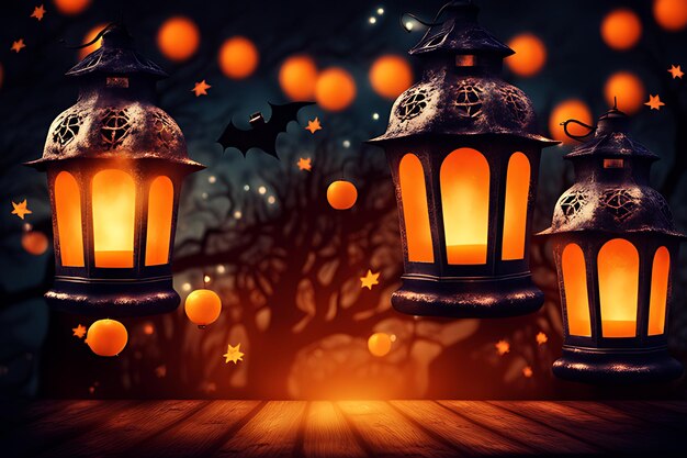 Foto foto abstract lichtende lampen op de achtergrond van het halloweenfeest in het bos