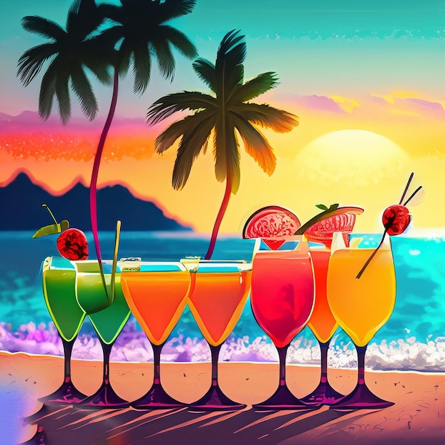 Foto ai gegenereerde afbeelding een rij kleurrijke cocktails op een tropisch strand bij zonsondergang