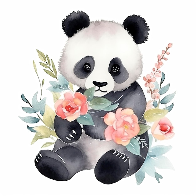 Foto aquarel schilderij van een schattige panda met bloemen