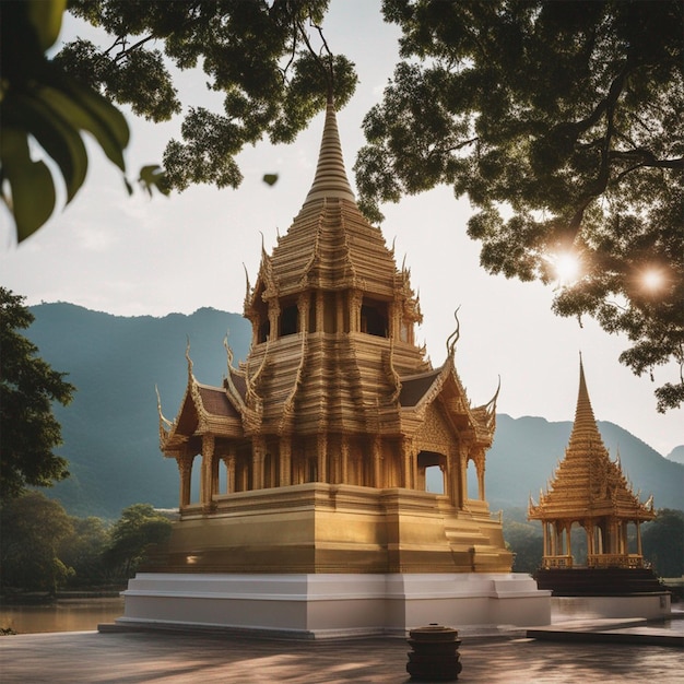 Foto artistieke pagode van Thaise tempel in KanchanaburiThailand