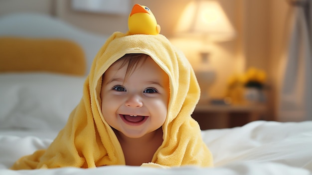 Foto baby na het baden in een handdoek gegenereerd door AI