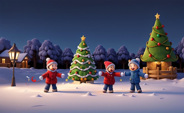 Foto banner kerstboom en cadeau doos 3d render met kopieerruimte