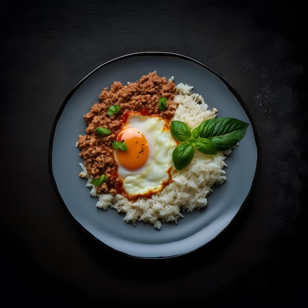 foto basilicum gehakt varkensvlees met rijst en gebakken ei food fotografie