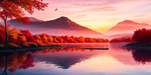 Foto berglandschap weerspiegelt herfstkleuren in rustig water