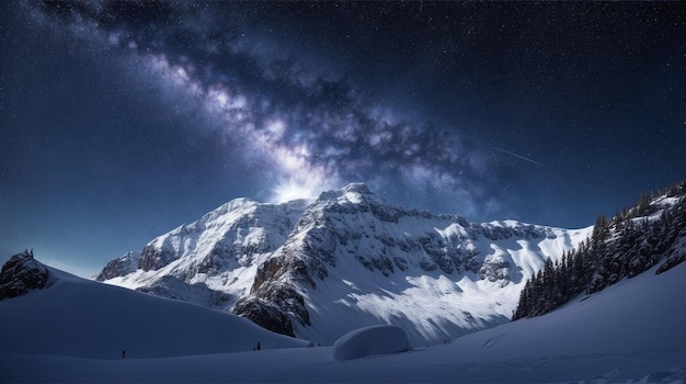 Foto besneeuwde berg daartussen met een prachtige lucht