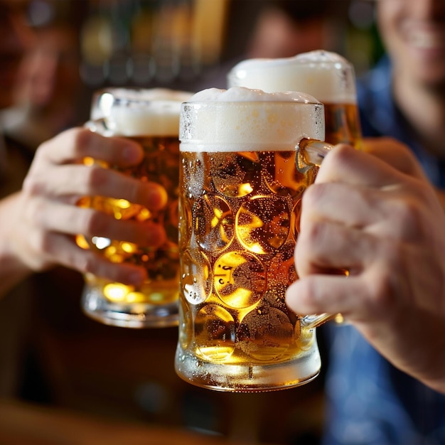 Foto bier met schuim licht lange jongens in de handen van vrienden die een toast close-up