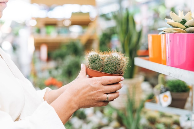 Foto bijsnijden van vrouw van middelbare leeftijd in witte jurk met cactus in pot in handen in de tuinwinkel