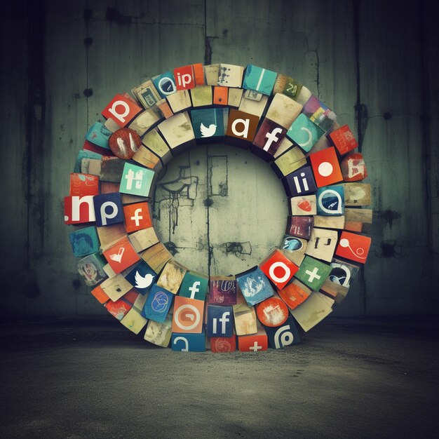 foto blokken van sociale media iconen gerangschikt in een cirkelvormige vorm op een gestructureerde achtergrond