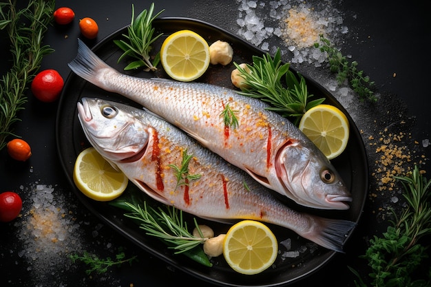 foto bovenaan verse vis plakjes met citroen op donkere achtergrond zeevruchten gezondheid vlees kleur water eten diner