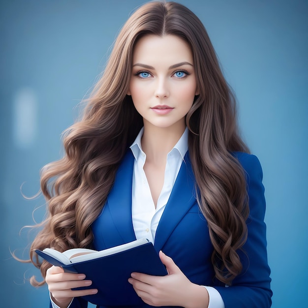 foto brunette zakenvrouw met golvend lang haar en blauwe ogen staat met een notitieboek in handen