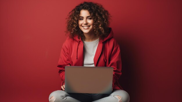 Foto Casual Jonge vrouw die gelukkig werkt met een laptop gegenereerd door AI