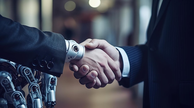 Foto close-up foto van zakenlieden en robot ai handen schudden Generatieve AI