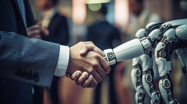 Foto foto close-up foto van zakenlieden en robot ai handen schudden generatieve ai