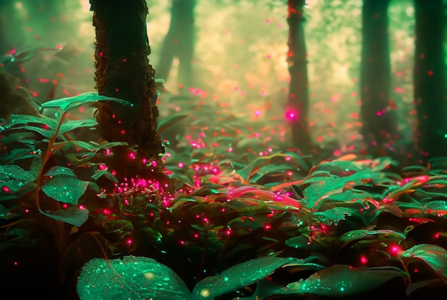Foto Close Up Magisch bos met levendige gloeiende planten achtergrond
