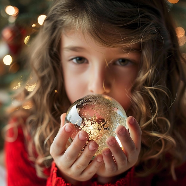 foto close-up meisje met kerstbol