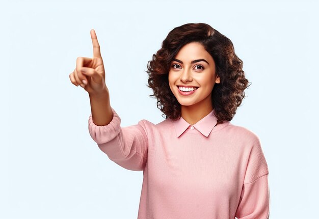 Foto foto close-up portret van aardig schattig mooi glimlachend meisje dat met haar vinger wijst om ruimte te kopiëren