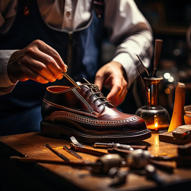 Foto close-up realistische handen van een meester die mooie leren schoenen repareert