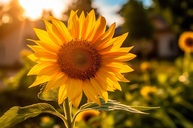 foto close-up shot van een zonnebloem hoofd met het veld van velen op de surfacer Summer Concept